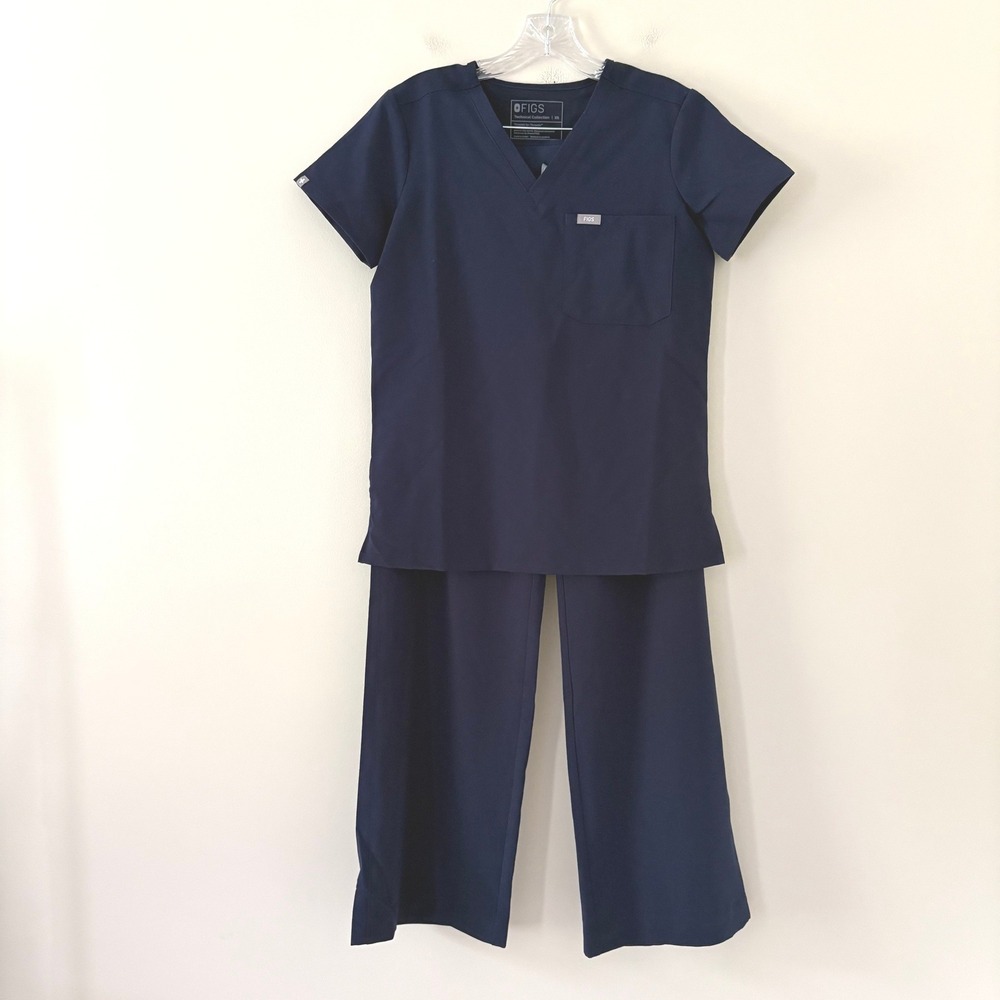 FIGS Scrub Set XS Navy Catarina Top Isabel Wide Leg High Waisted Pants Technical